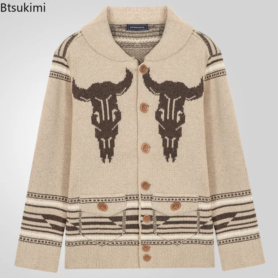 2025 Men's Long Sleeve Knitted Sweaters Autumn Winter Vintage Jacquard Lapel Button-up Cardigan Men Knitwear Casual Sweater Coat
