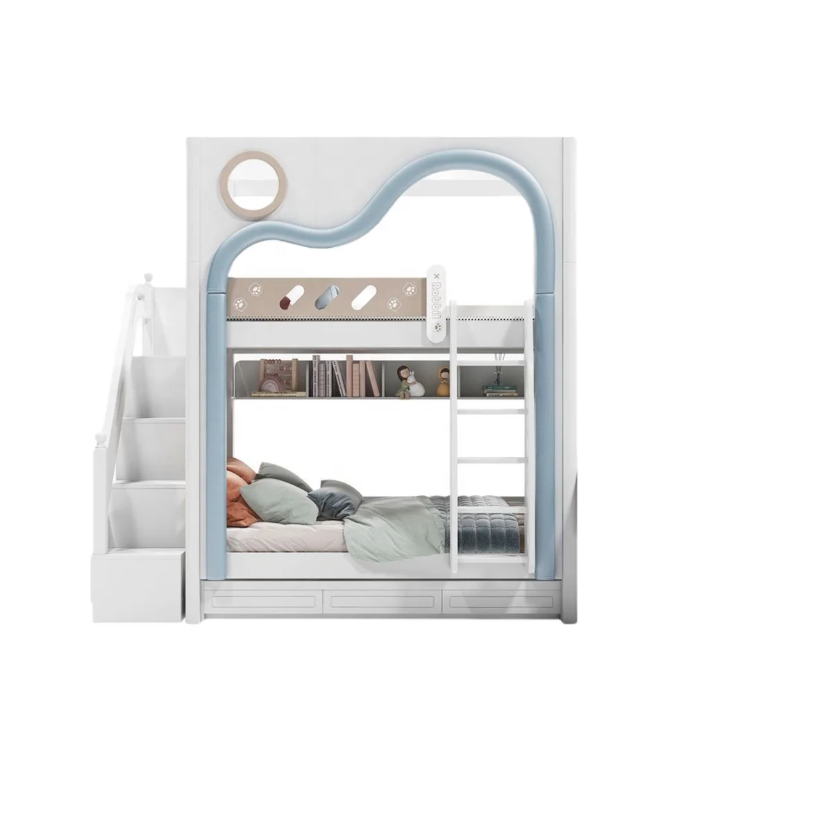 White color children bedroom set cheap price high quality wooden bunk bed for kids with drawers