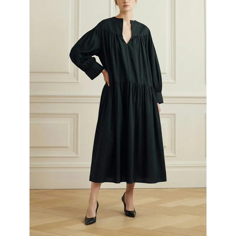 T fels minimalista preto com decote em v vestido feminino 2026 solto ajuste casual deslocamento manga longa em camadas hem diário max vestidos 198105