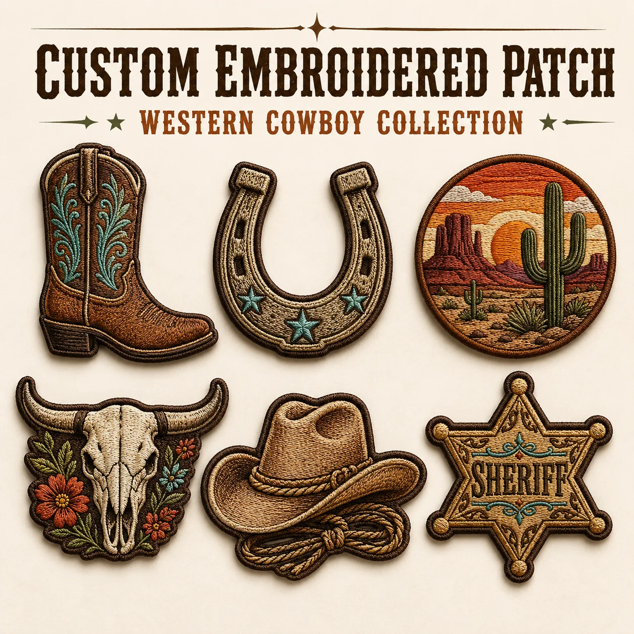Custom Western Cowboy Embroidered Patches Personalized Logo Name Iron On Sew On for Jackets Hats Bags Boots Clubs Outdoor Gear