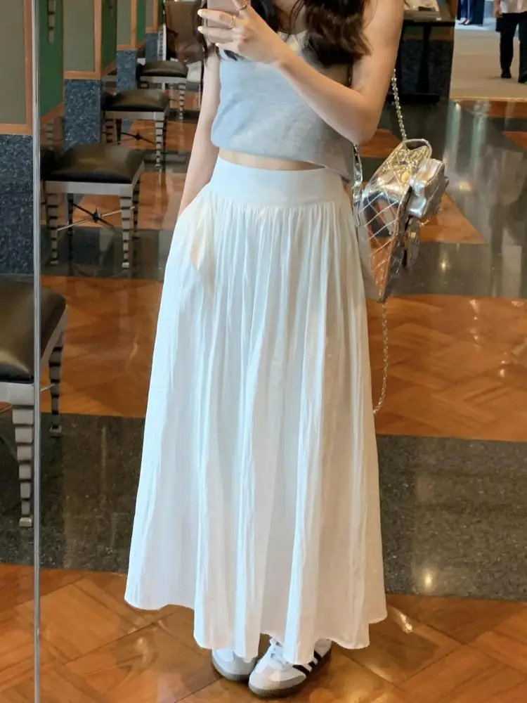 

Spring Summer Women Solid Holiday Pleated Half Long Skirts Vintage Elastic High Waist Chic A-line Skirt Simplicity Casual Street