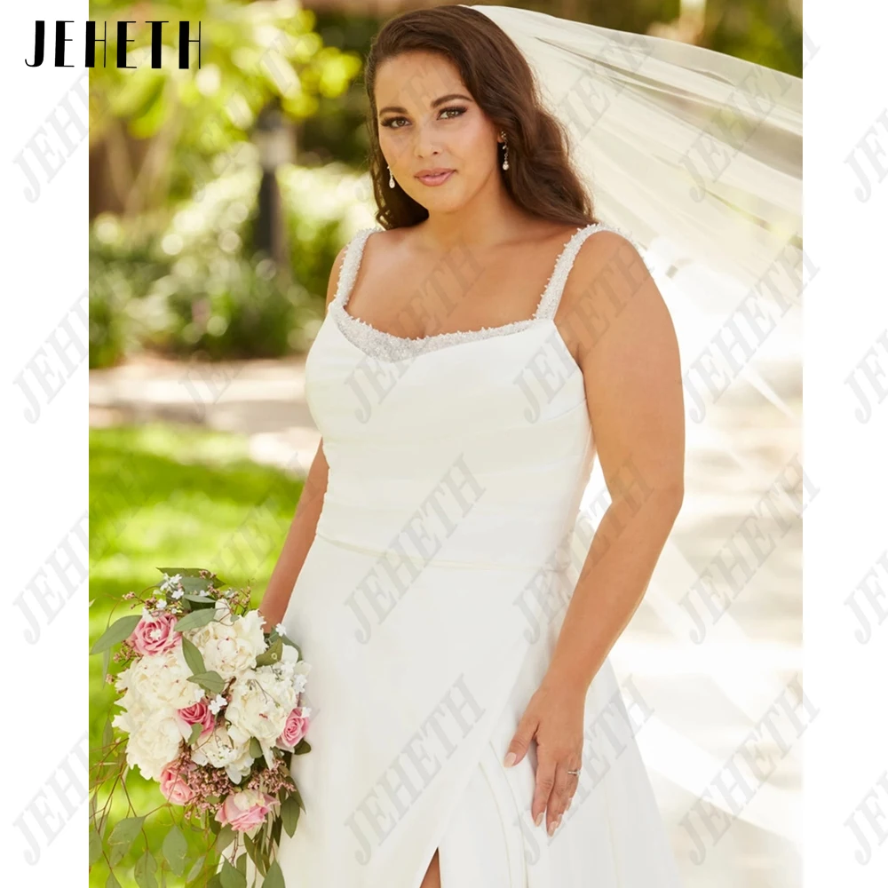 JEHETH Modern Wedding Dresses For Woman Plus Size Sleeveless Side Split Bride Gowns Satin Spaghetti Straps vestidos de novia