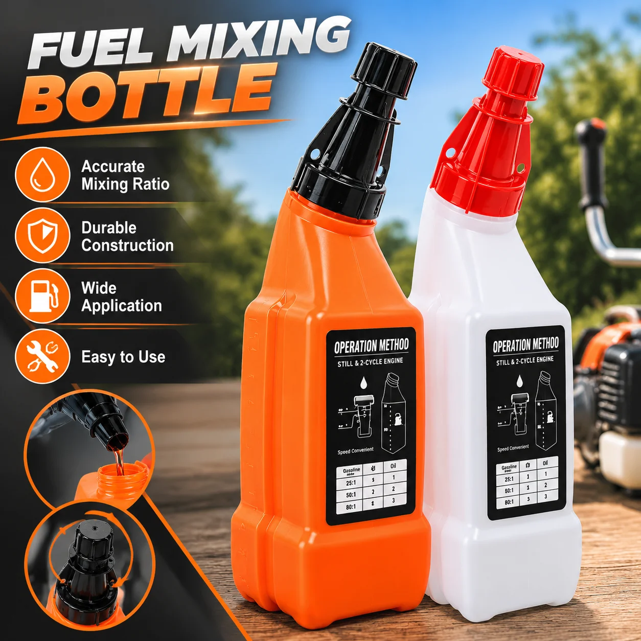 1L Fuel Oil Mixing Bottle Container For 2-Stroke Garden Tools Chainsaw Brushcutter Gas Petrol Ratio 25:1 50:1 Measuring Jug