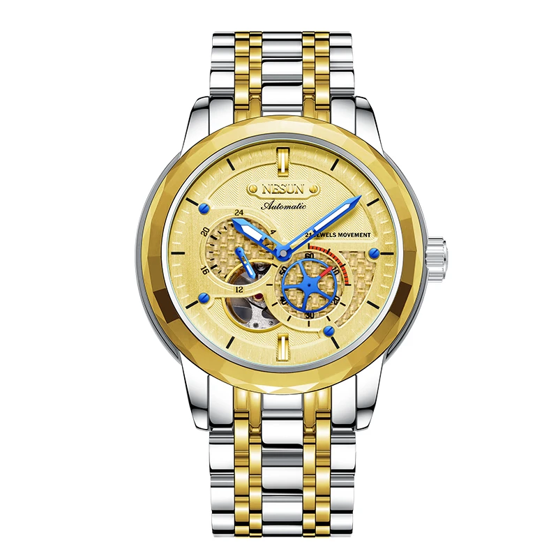 ساعة NESUN للرجال: ساعة ميكانيكية أوتوماتيكية بالكامل للرجال مع دولاب الموازنة الهيكلية وساعة رجالية كاجوال مضيئة 9810