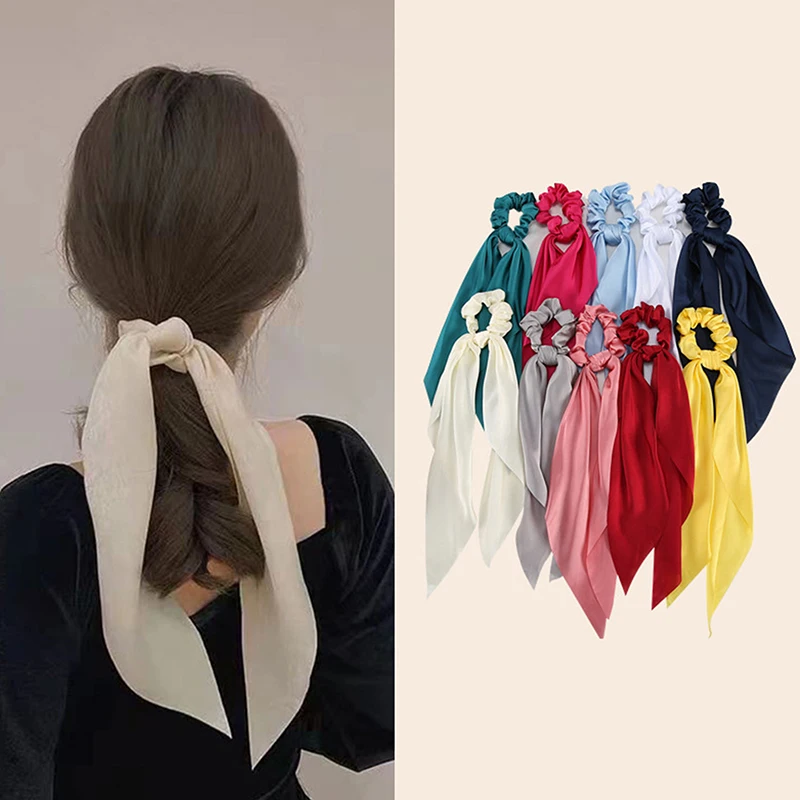 Novo simples grande arco fita faixa de cabelo feminino laço de cabelo meninas sólido cetim scrunchies rabo de cavalo grandes faixas de borracha acessórios para o cabelo