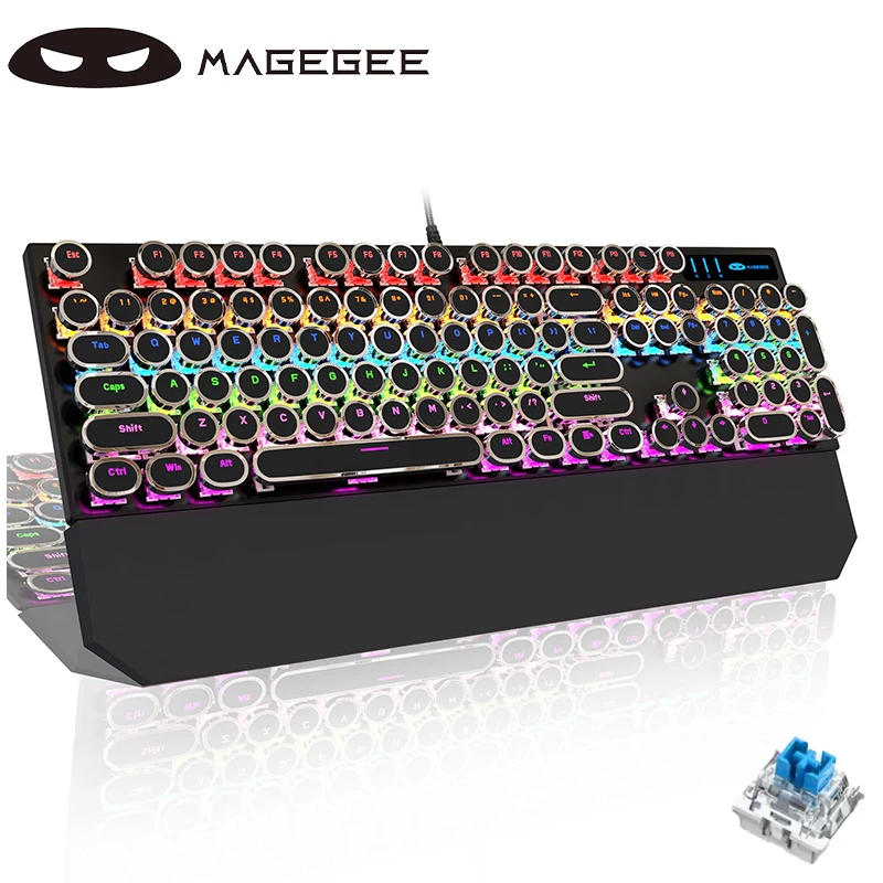 MageGee Typewriter Mechanical Gaming Keyboard, Retro Punk Round Keycaps with RGB Rainbow Backlit USB Wired Keyboards for Game an