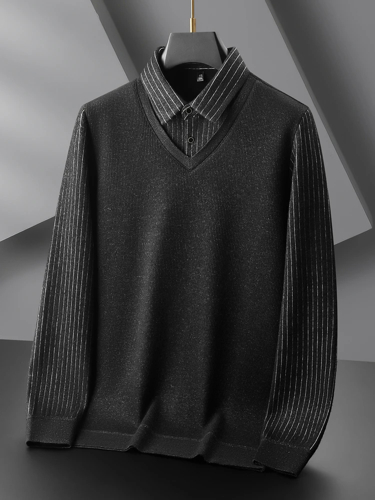 

Fce Lined Fake Two Piece Knit Sweater Men's Large Size Loose Busin Striped Warm Knitted irt Autumn Winter New Arrival