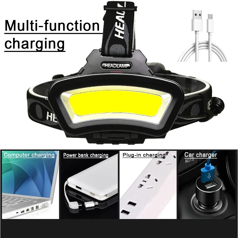 KDULIT Powerful COB LED Headlamp 4 Lighting Modes Head Flashlight USB Rechargeable Use 18650 Battery Camping Fishing Headlight