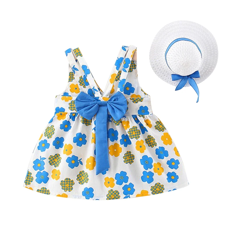 2Piece Summer Korean Beach Princess Dress Newborn Baby Girls Clothes Cute Sleevless Cotton Flower Toddler Dresses+Sunhat BC2046