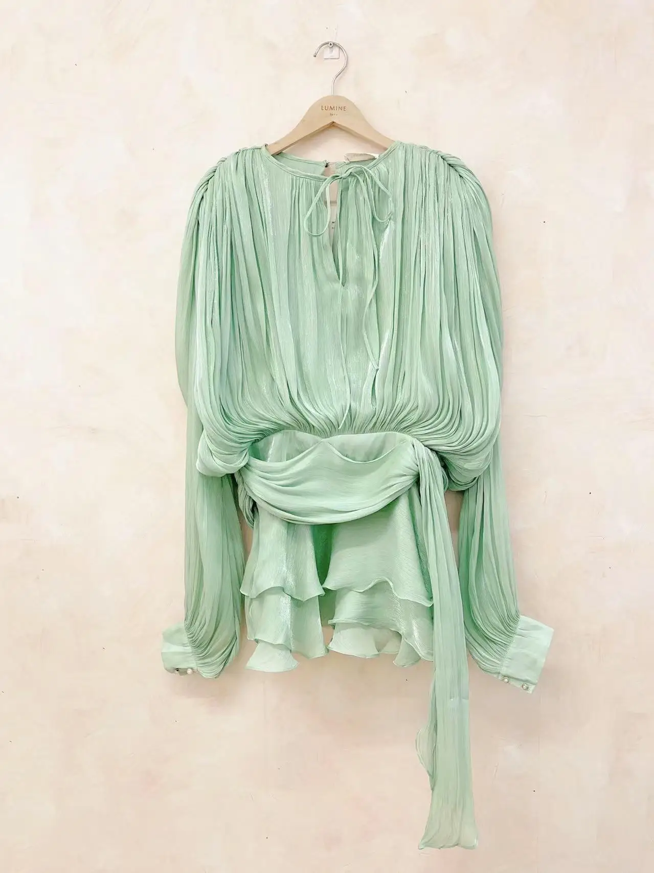 GALCAUR Solid Losse Splicd Lace Up Jurken Voor Vrouwen V-hals Lange Mouwen Patchwork Ruches Tuniek Jurken Vrouwelijke Fashio Nieuwe
