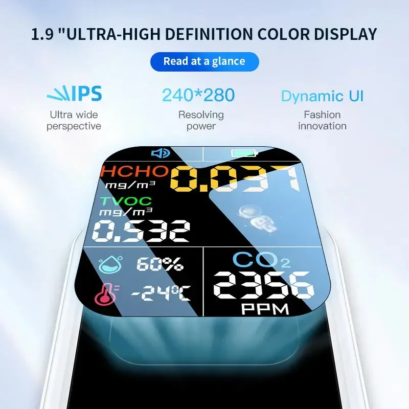 كاشف جودة الهواء 3 في 1 CO/Methane/Smoke مع مستشعر درجة الحرارة والرطوبة، بطارية 1000 مللي أمبير في الساعة للمنزل والخارجي والسيارة