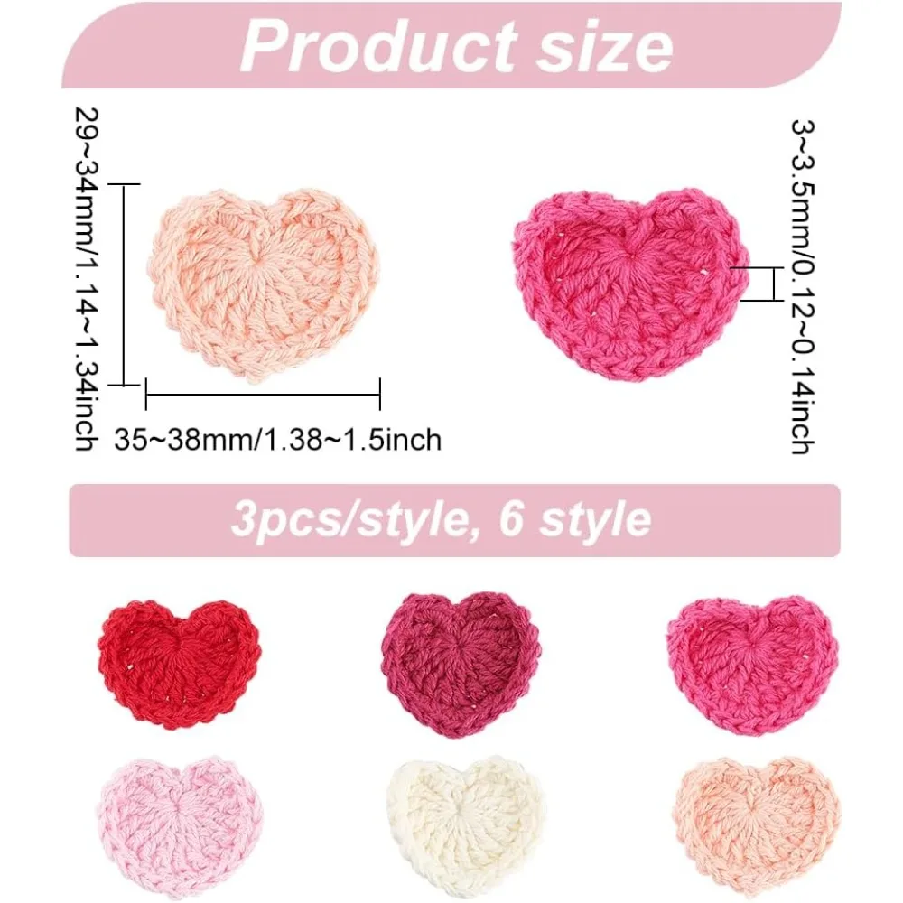 1Box 18Pcs Love Heart Crochet Appliques Heart Shaped Cotton Crochet Patches Assorted Colors Heart Handmade Cloth Patch Ornament