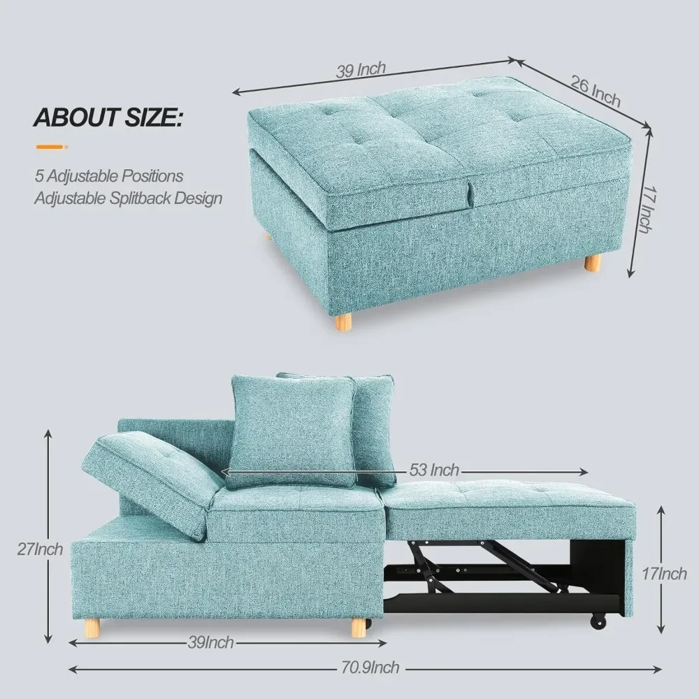 Sleeper Sofa, 4-in-1 Convertible Ottoman Couch Bed, Modern Blue Line Futon Couch with 2 Pillows Adjustable Backrest and Ar