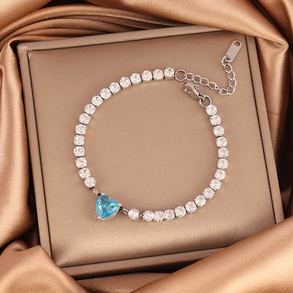 316L Stainless Steel Zircon Heart Pendant Bracelet For Women Crystal Zircon Tennis Chain Bracelets Color Jewelry