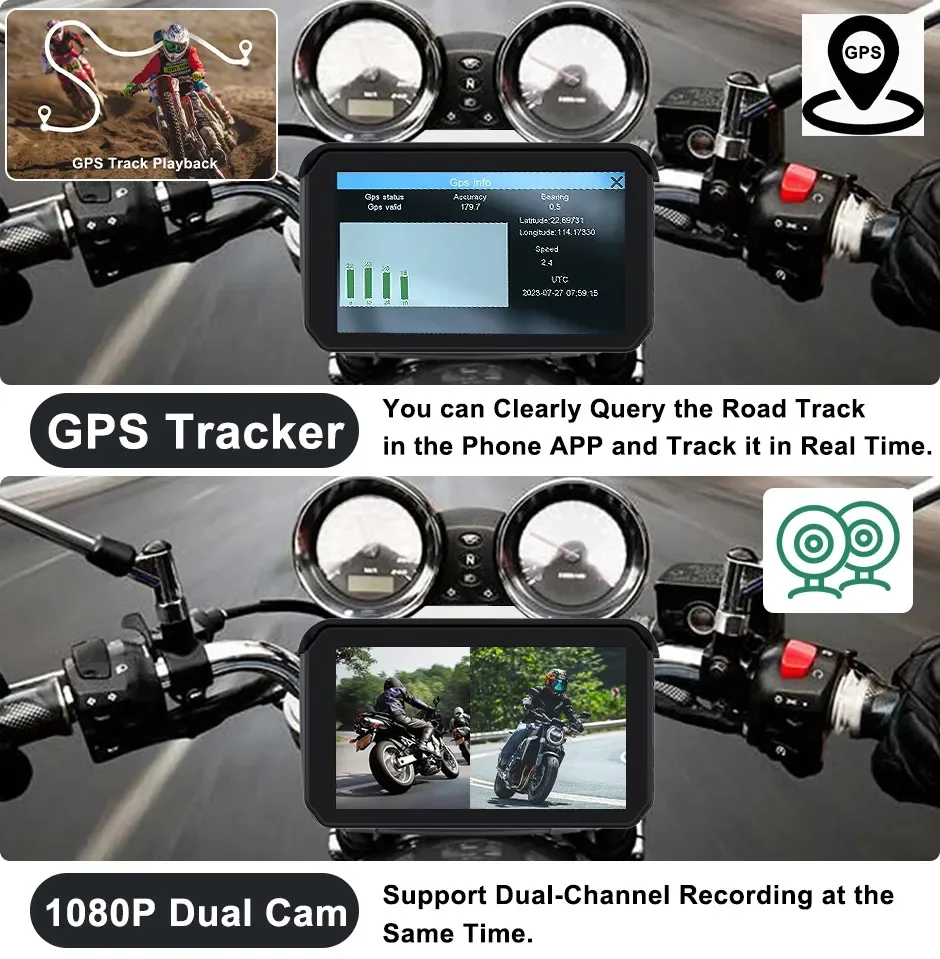 GAYINTT Motorcycle Carplay Waterproof 1080P 5 Inch WiFi Wireless Android-Auto DVR Monitor Dash Cam GPS Navigation TPMS