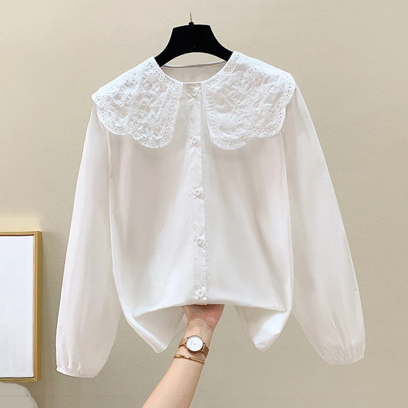 Korean Sweet White Blouse Women Spring Autumn Elegant Peter pan Collar Long Sleeve Embroidery Tops Shirts Blusas Mujer