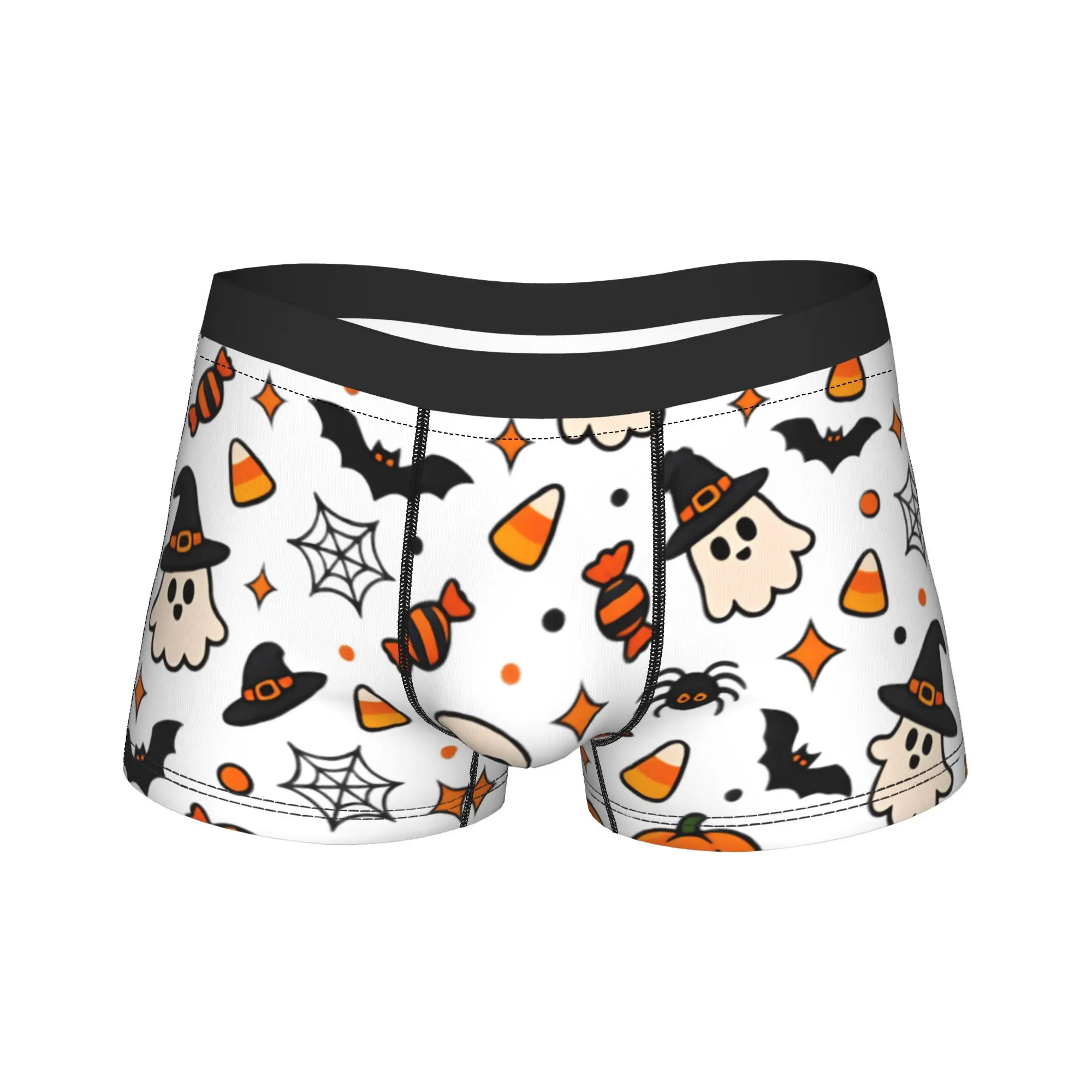 Halloween Candy Ghost Witch Bat Skull White Background Seamless Pattern Boxer Brief  Underwear Trenky Man Comfortable Trunk