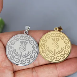 2pcs Stainless Steel Scottish Thistle Medallion Pendant Charms for Jewelry Making Necklace Keychain Craft Disc Accessories Bulk