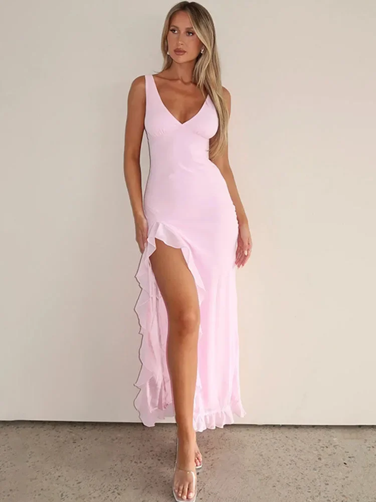 

Ruffle High Split Sexy Dress Women 2025 Robes Elegant Evening Summer Dress Backless Party Long Midi Dress Vestidos