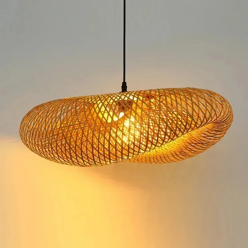 Modern Handmade Suspension Pendant Lamp Wicker Rattan Wave Shade Dining Room Shaped Tea Room Decor Hanging Lamp