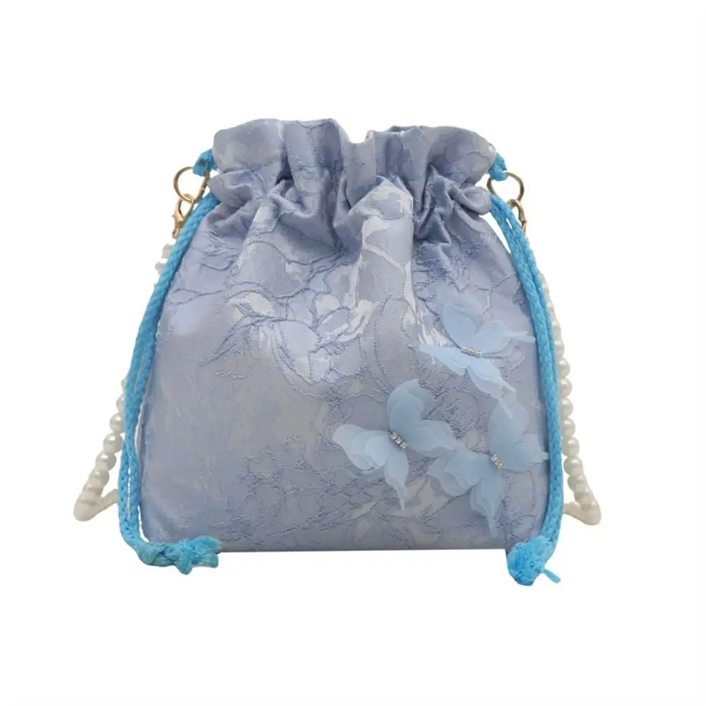 

Lace Embroidery Drawstring Bucket Bag Flower Butterfly Pearl Chain Crossbody Bag Storage Bag Ancient Style Chinese Style Handbag