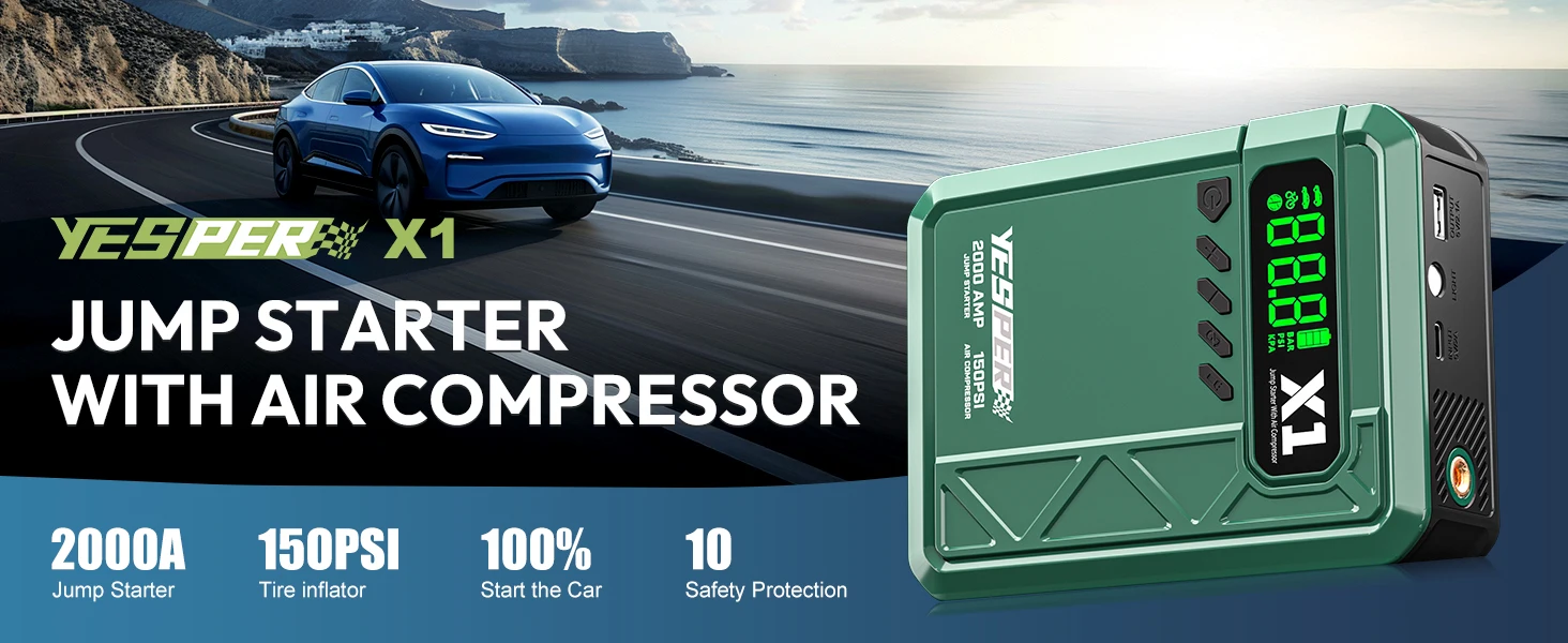 YESPER 2000A Starthilfe & 150PSI Luftkompressor 2-in-1, 12V Tragbarer Notfall-Booster für 8L Benzin 6L Diesel Auto SUV LKW – Detail 1