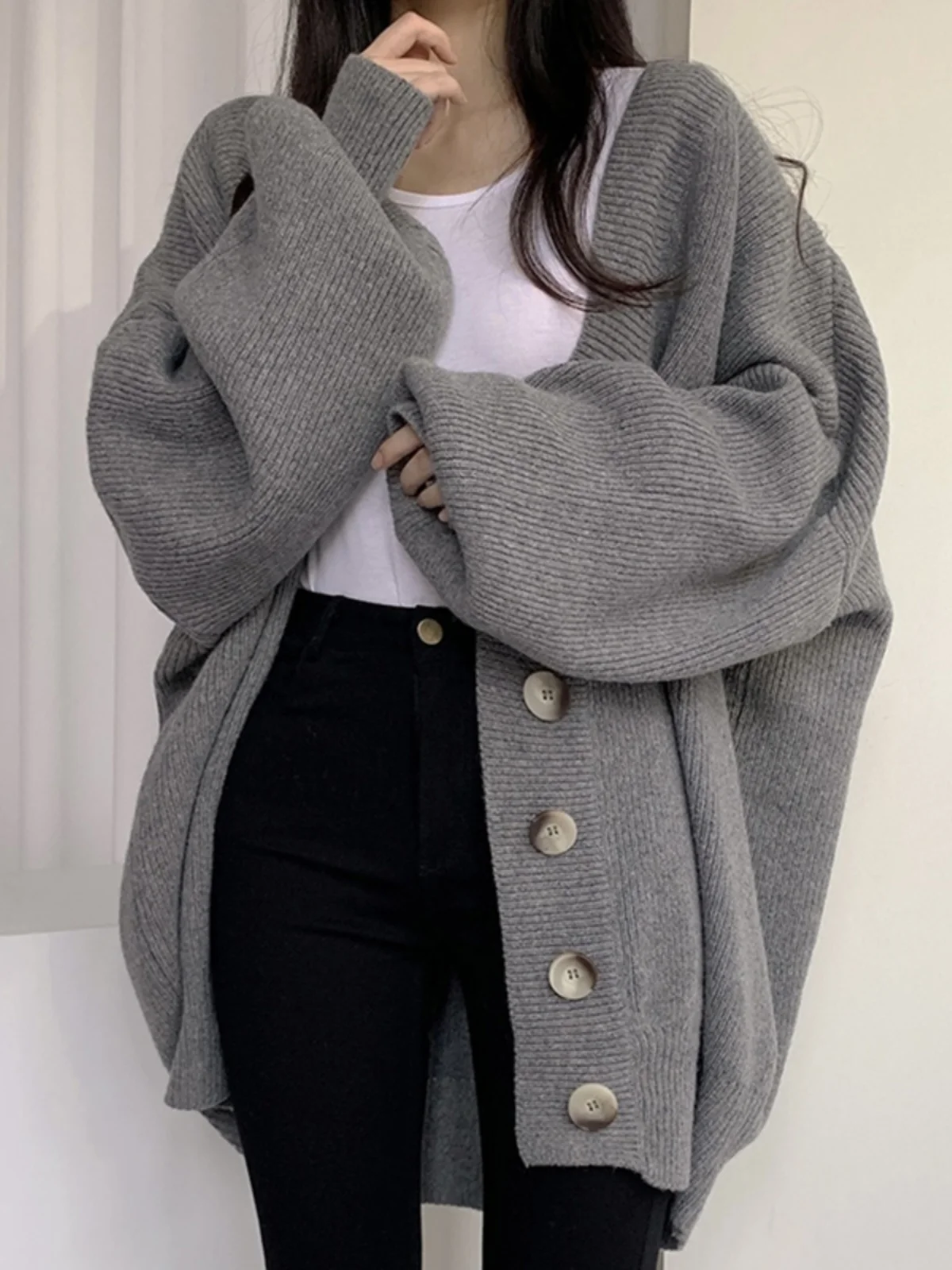 

Korean Hong Kong Sle Casual Lazy V-ne Single Button Loose Lantern Sve Knitted Open Cardigan Sweater Outerwear Women