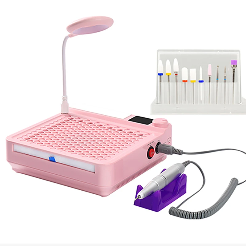 3 In 1 98W Nail Vacuum Dust Suction Collector Cleaner with LED Lamp Nail Drill Pen Manicure Machine Bits for Gel Polish Removing