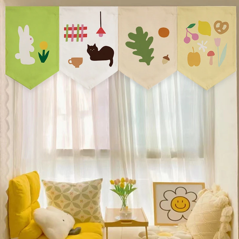 VIKAMA Simple and Cute Cartoon Animal Triangle Flag Door Curtain Partition Curtain Kitchen Bedroom Home Decoration