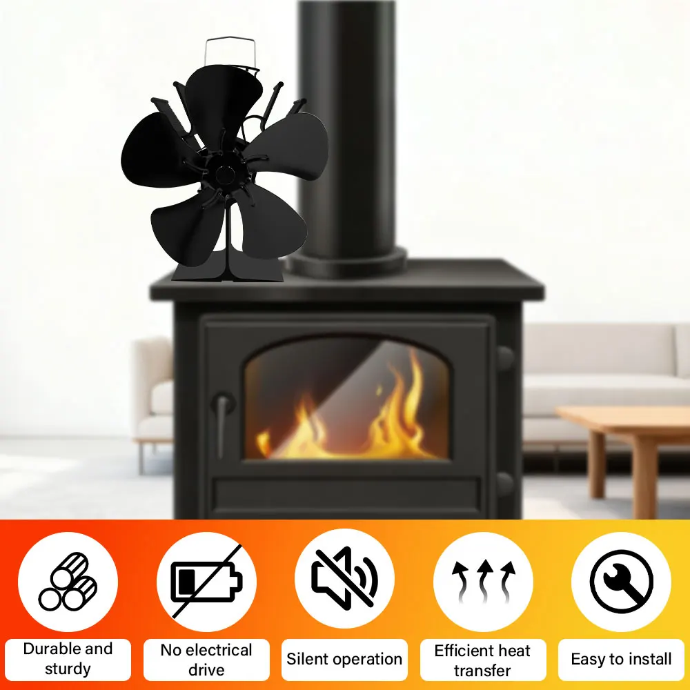5-Blade Heat Powered Stove Fan Quiet Environmental Fan Heater Tool Efficient Heat Distribution Wood Log Burner Fireplace