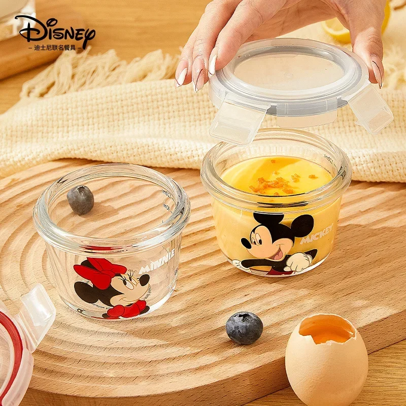 Disney animasyonlu Mickey Mouse Minnie Donald Duck karikatür cam yemek kabı, yuvarlak mikrodalga çorba kapaklı kutu, meyve yemek kabı