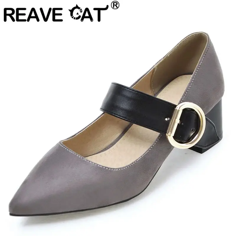 

REAVE CAT 2025 Модные свадебные туфли-лодочки с острым носком на блочном каблуке 6 см с пряжкой и ремешком Разноцветные туфли размера плюс 41 42 43 Офисные женские туфли