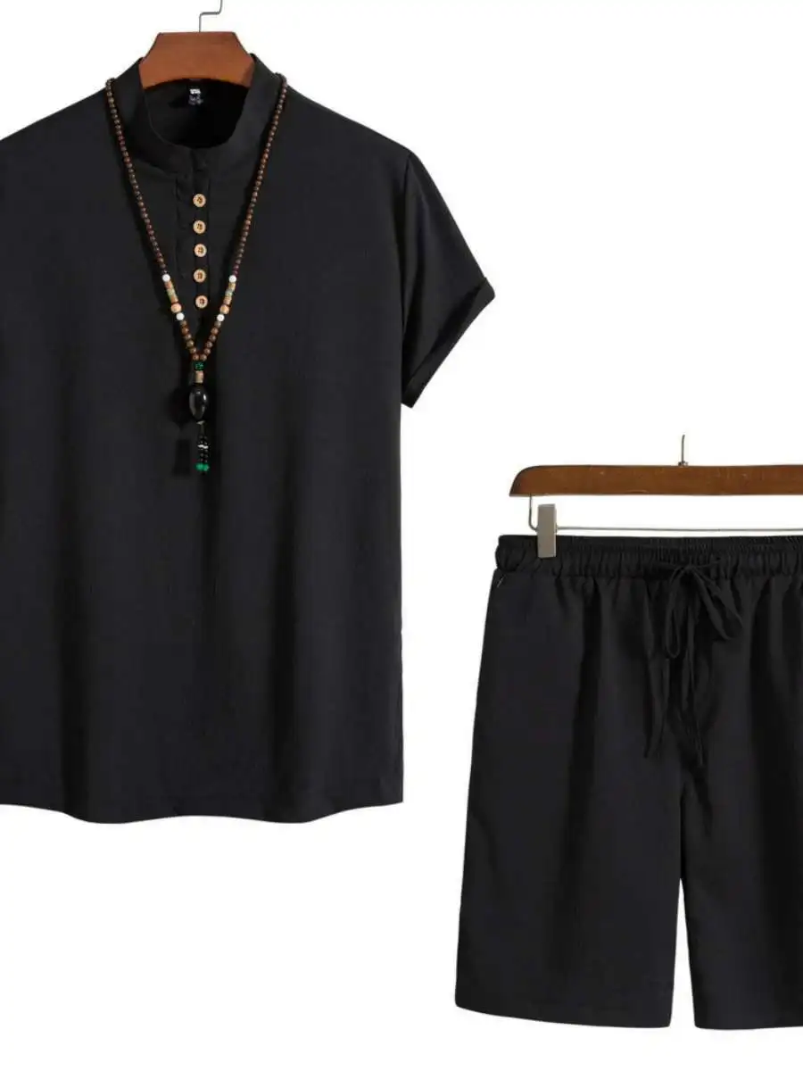 

Summer Men's Short Sleeve Pure Color Beach Pant Shorts Set Casual Comfortable Cotton Shirt Style Pants And Shorts Combo