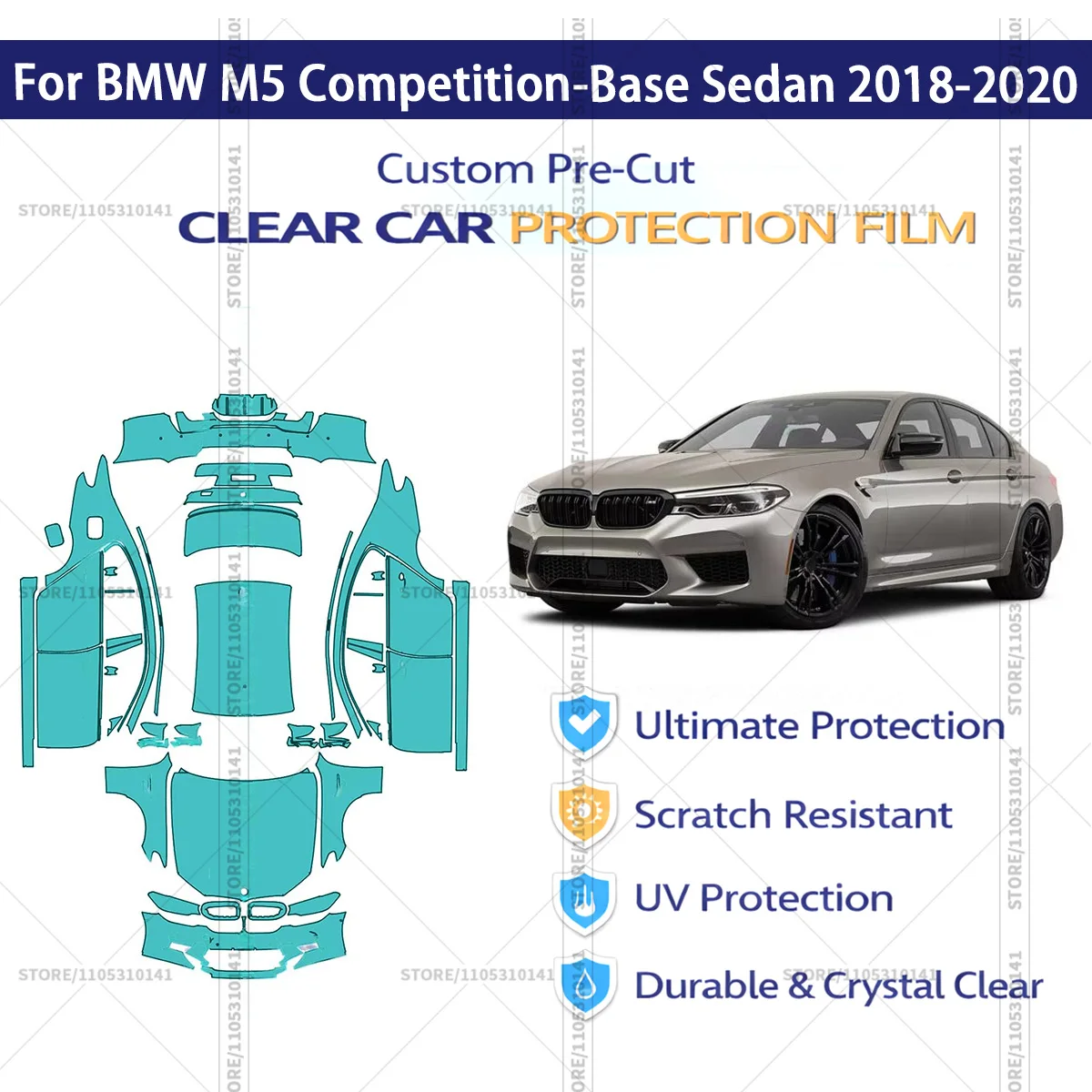 

Для BMW M5 Competition-Base Sedan 2018-2020: Предварительно вырезанная прозрачная защитная пленка PPF для автомобиля, полная защита кузова