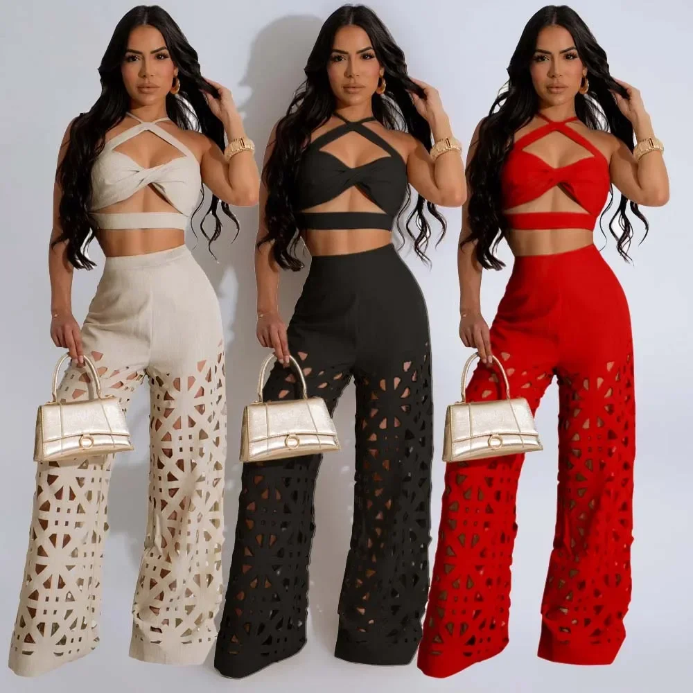 

Sexy Crop Tops Two Piece Pant Set Outfits Matching Sets 2024 Women Luxury Clothes Wide Leg Elegant Pants 2 Piece Sets Outfits