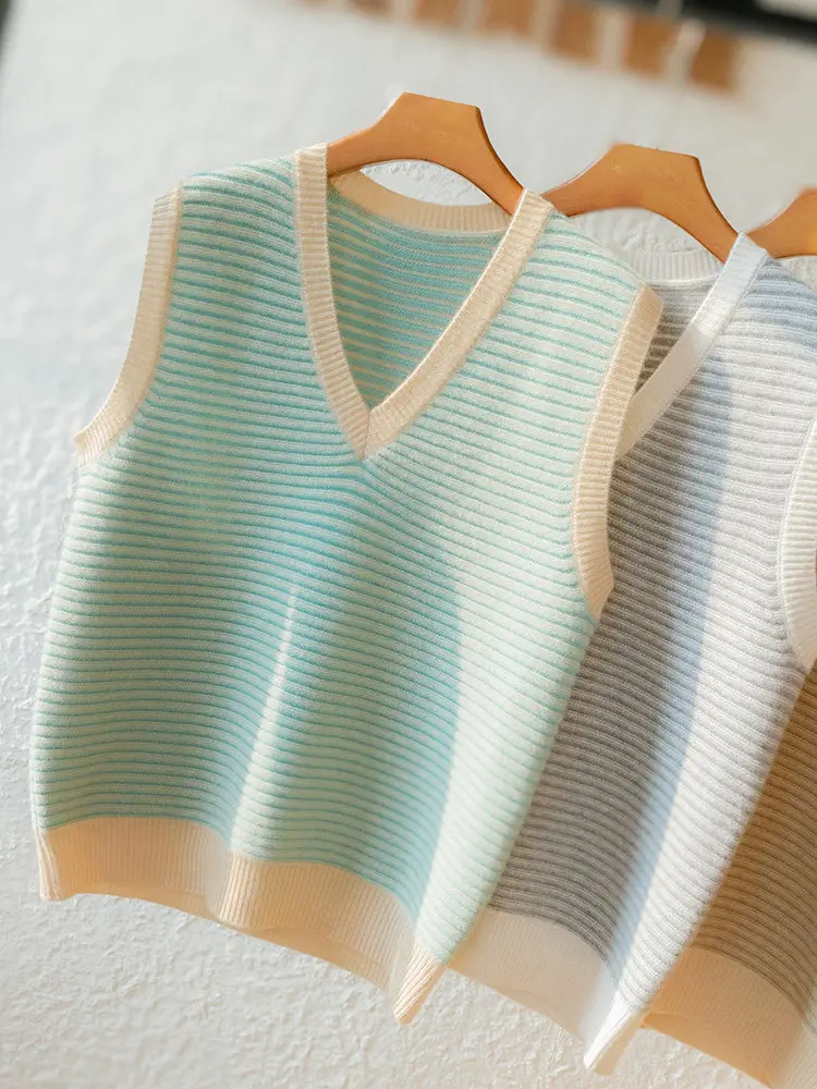 100% Australian pure wool vest vest V-neck striped color matching casual sleeveless thickened sweater vest top