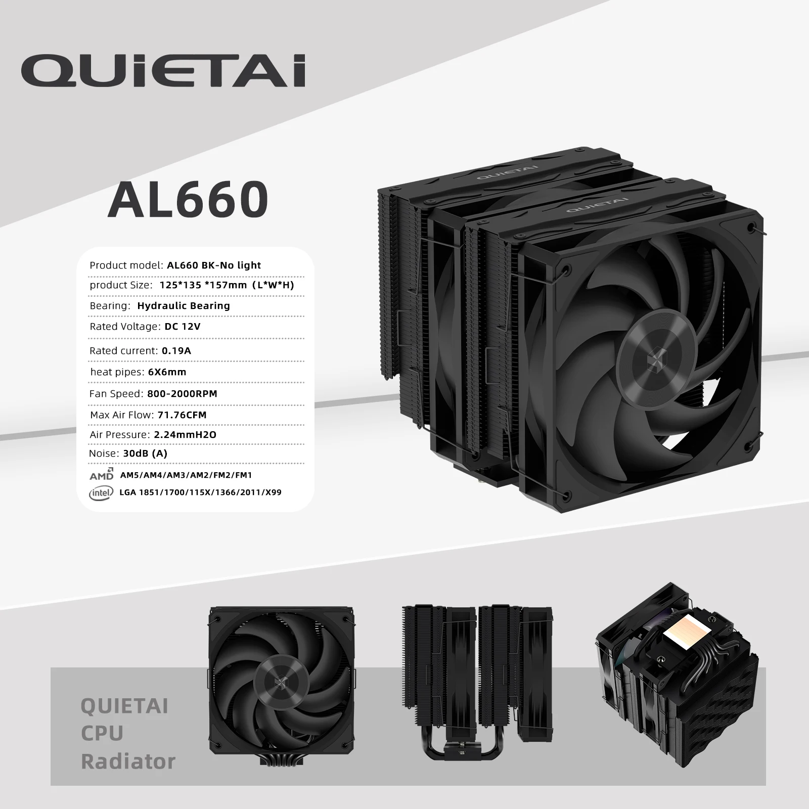 QUIETAI AL660 CPU cooler Twin Tower Radiator 6 Heat Pipes  Air Cooling For AMD/Intel LGA2066/2011/1851/1700/1200/115X AM5/AM4