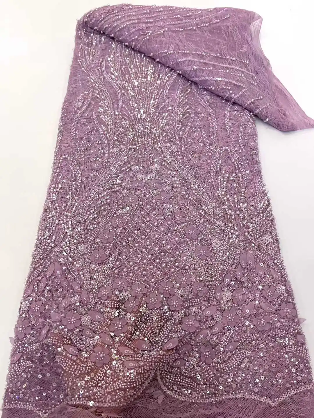 

Latest African Sequins Lace Fabric 2025 High Quality Embroidery Lace Beaded Mesh Fabric 5 Yards For Women Wedding Party Dress