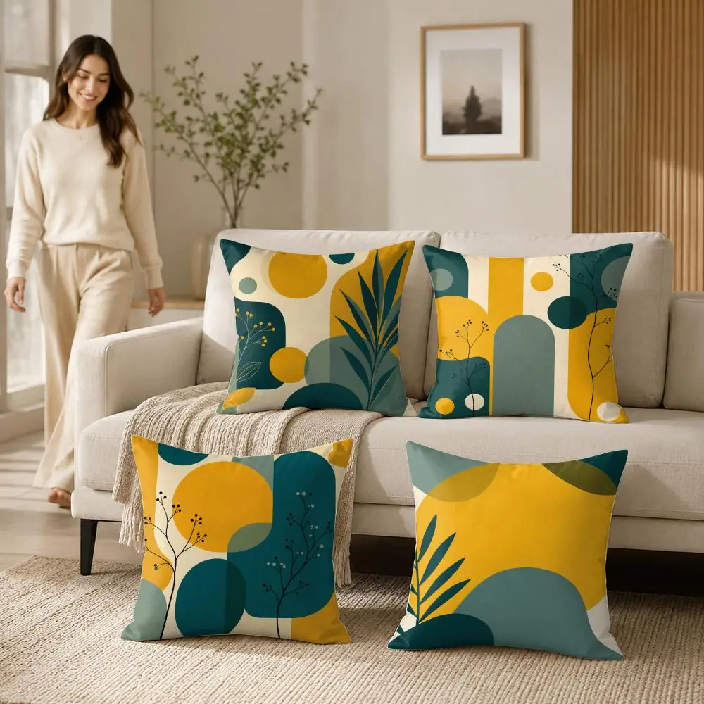 Yellow Mustard And Turquoise Floral Cushion Cover Soft Short Plush Pillow Case Double Sided Print Washable Sofa Home Decor Gift