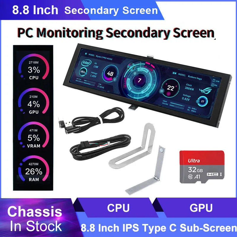 8.8 Inch IPS Secondary Screen Type C Display Case CPU GPU RAM Computer Monitor USB IPS Dislay Turing Smart Screen Freely AIDA64