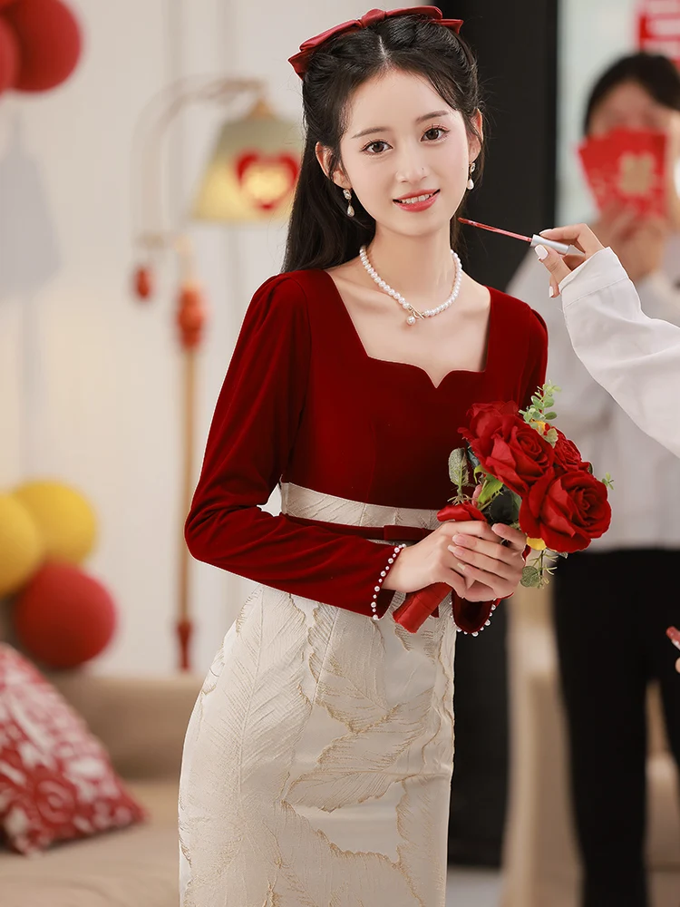 

2025 New Velvet ort Sve Wedding Dr Red Wine Color Return Home Casual Dr for Bride Cus Made Ceremony Dr