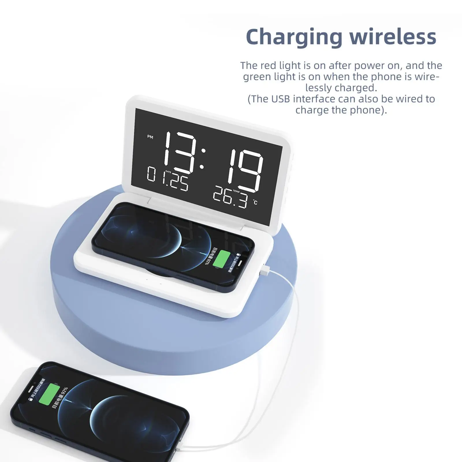 Alarm Clock with 15W Fast Wireless Charging Dimming 12/24H 15W Wireless Charger Additional USB Port Foldable for Decor Office