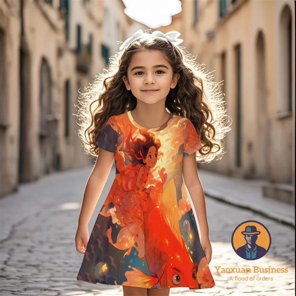 فستان أنيق مطبوع عليه رسوم كارتونية ثلاثية الأبعاد للفتيات من Ponyo لعام 2025، فستان صيفي لطيف ورائع جدًا ​