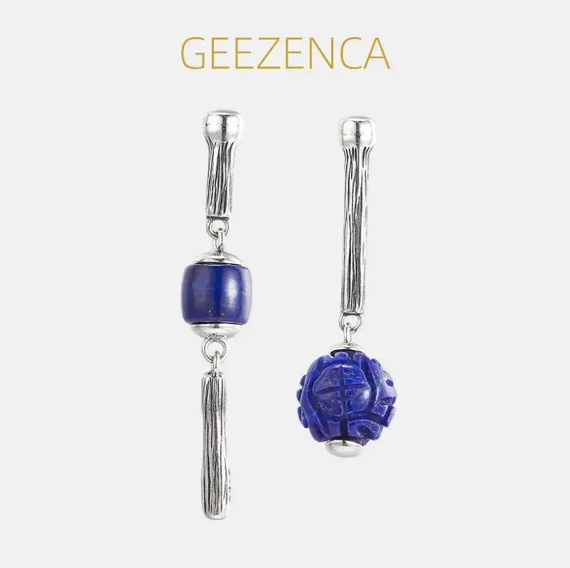 

GEEZENCA S925 Silver Long Bar Lapis Lazuli Charm Asymmetric Earrings For Women Unique Fashion Drop Dangle Earring Party Gift