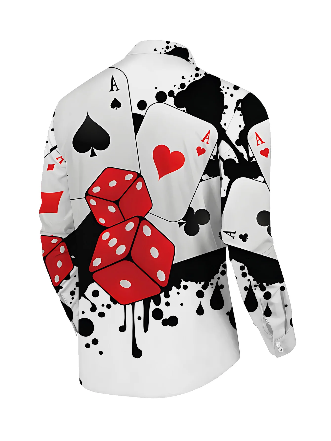 Men Long‑Sleeve Button‑Down Shirt Poker Card Dice Print Polyester Lapel Collar Party Club Top