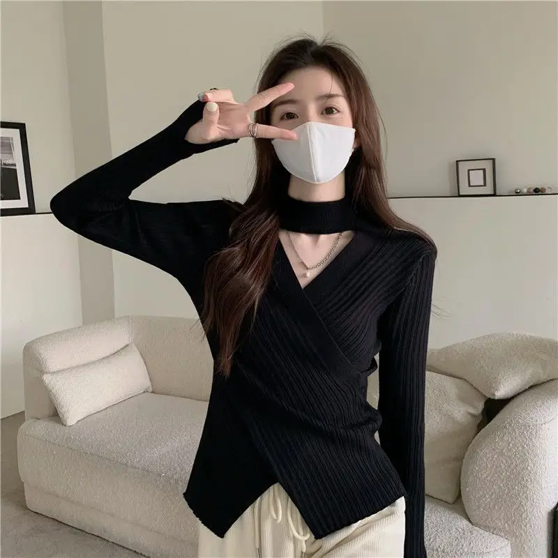 Sexy Hollow Out Slim Knitting Pullovers Tops Autumn Winter New Long Sleeve Solid Irregular Sweaters Y2K Fashion Women Clothing