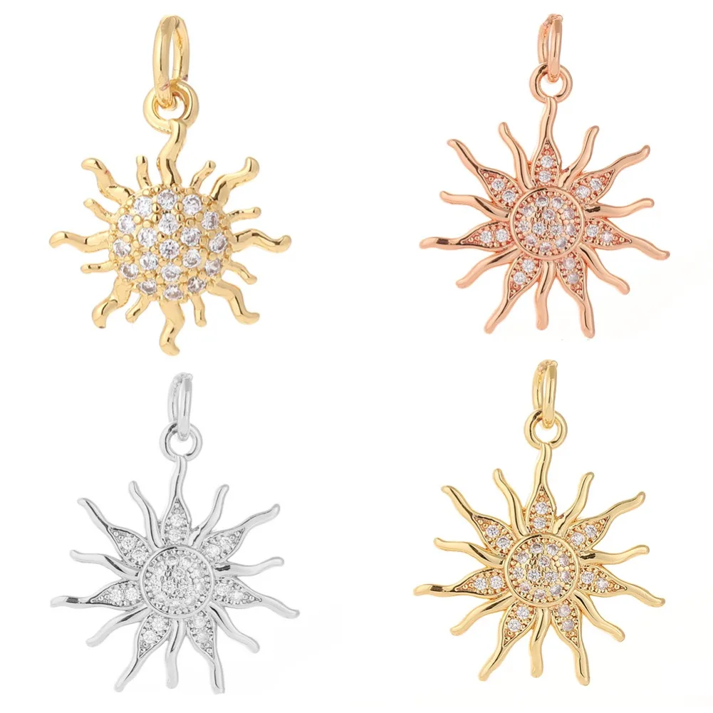 Brilliant Sun Pendant Charms for Jewelry Making Supplies Metal Copper Densely Laid Zircon Gold Color Diy Earring Necklace