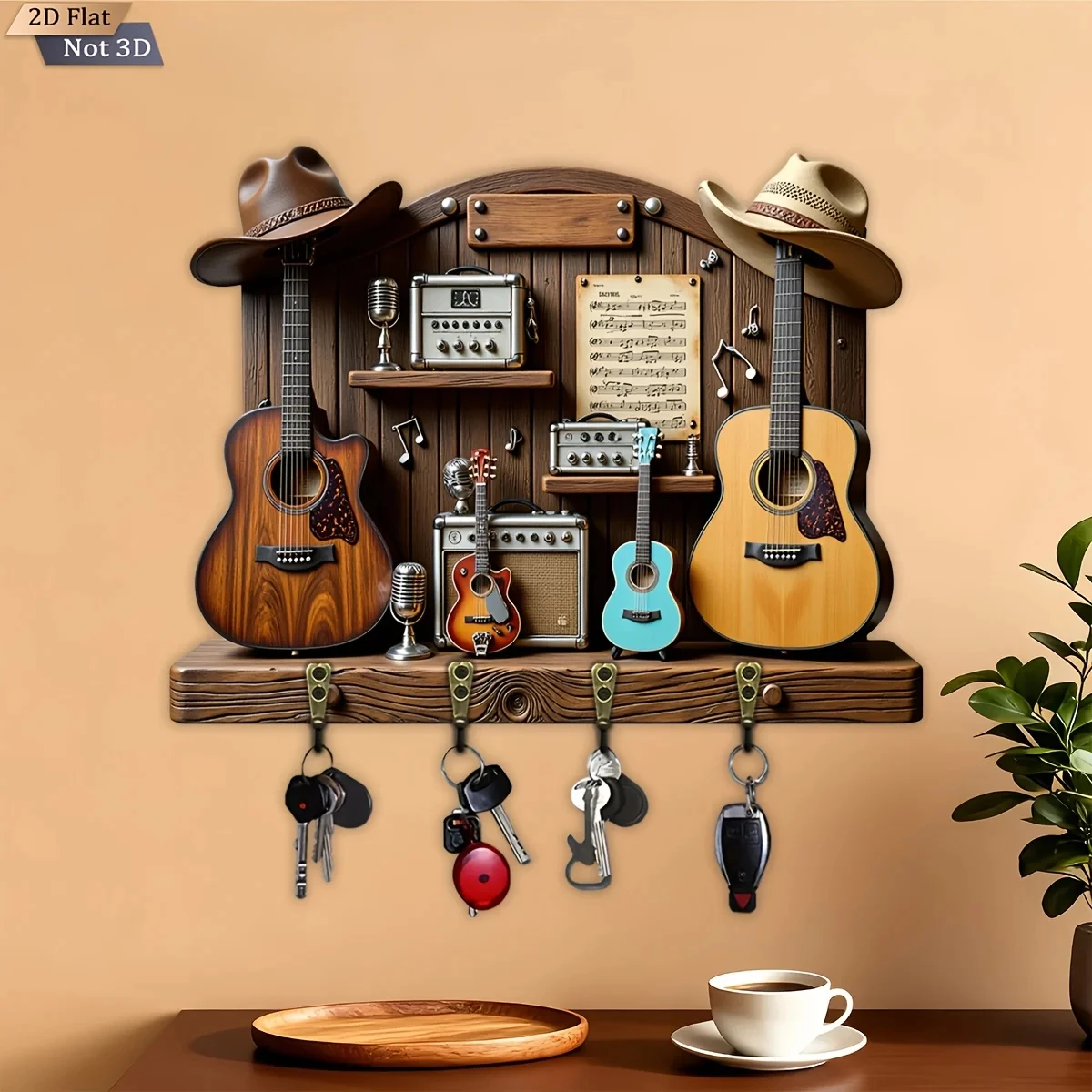 2D Flat, 1pc, Western Cowboy Music Theme Key Hook, Wooden Multifunctional Home Key Holder, with Four Metal Hooks, Wall