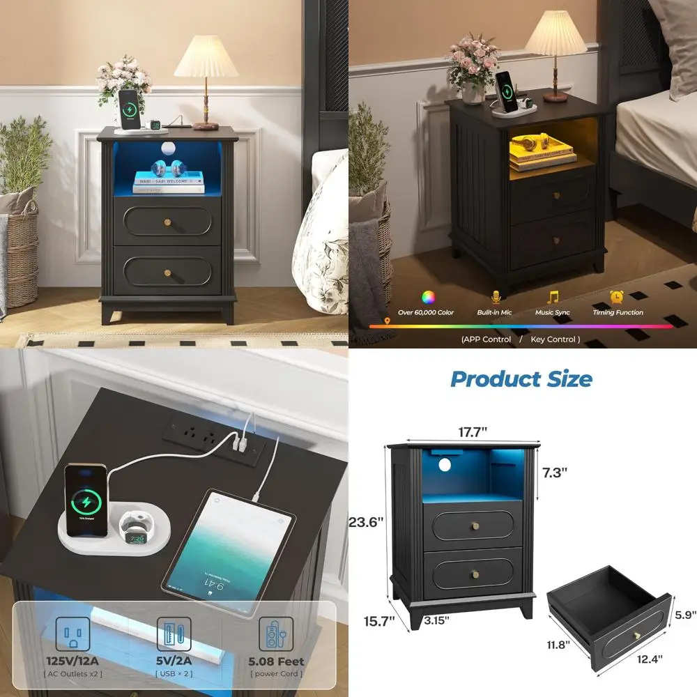 Mesa de cabeceira LED com estação de carregamento, mesa final de madeira de 17,7 W, 2 gavetas e prateleira de armazenamento para quarto