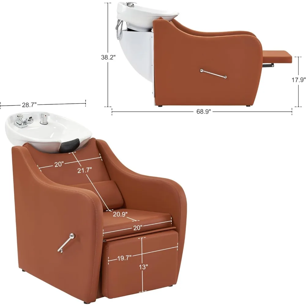 Shampoo Barber Classic Chairs, Ceramic Shampoos Bowl Sink Chair Station for Spa Beauty Salon,Reclining Shampoo Station Chair